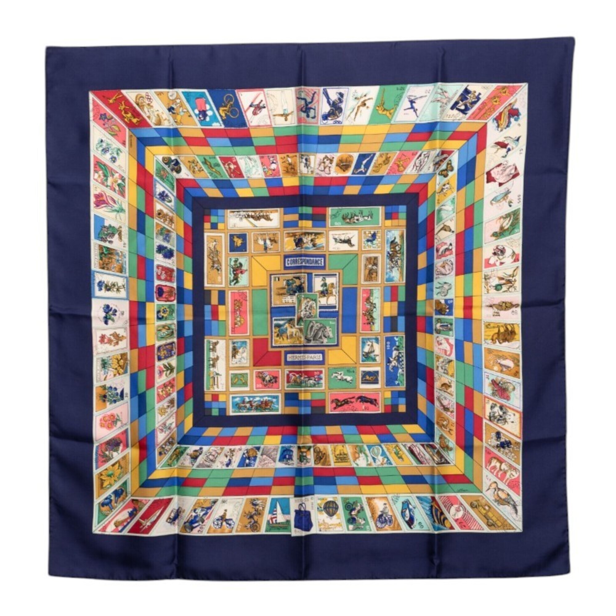 Hermes Carre 90 Correspondance Stamp Scarf/Muffler, Navy Multicolor Silk, Wom...